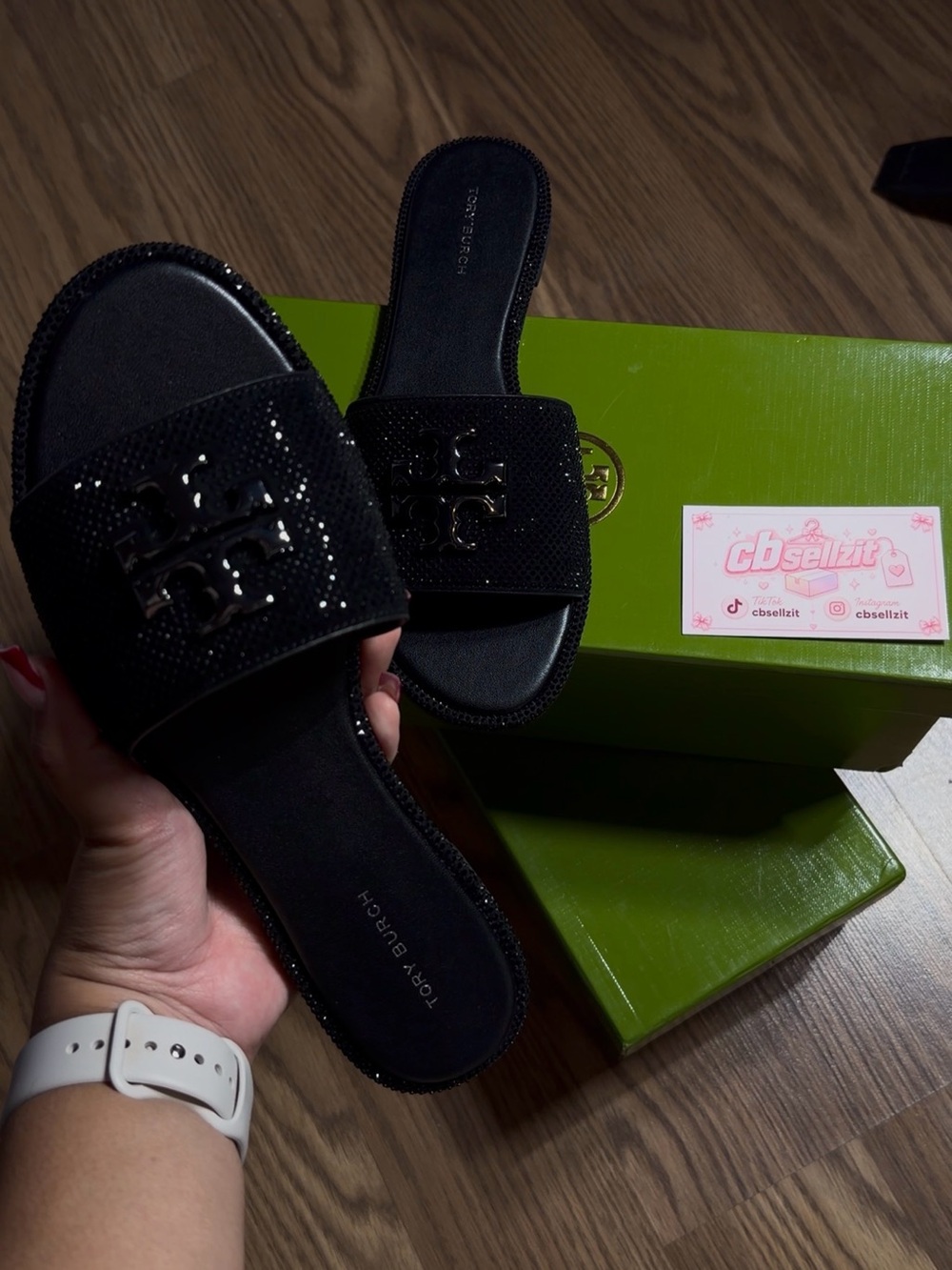 Tory Burch Black Sequin Logo Slide Mules